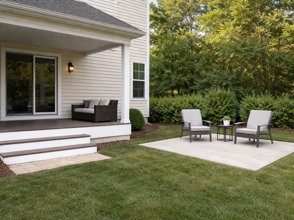 Split view of a covered back porch with steps and a ground-level patio with outdoor seating