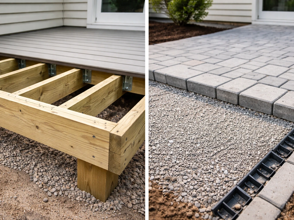 Close-up of wood porch joists and deck boards beside patio base gravel and compacted pavers