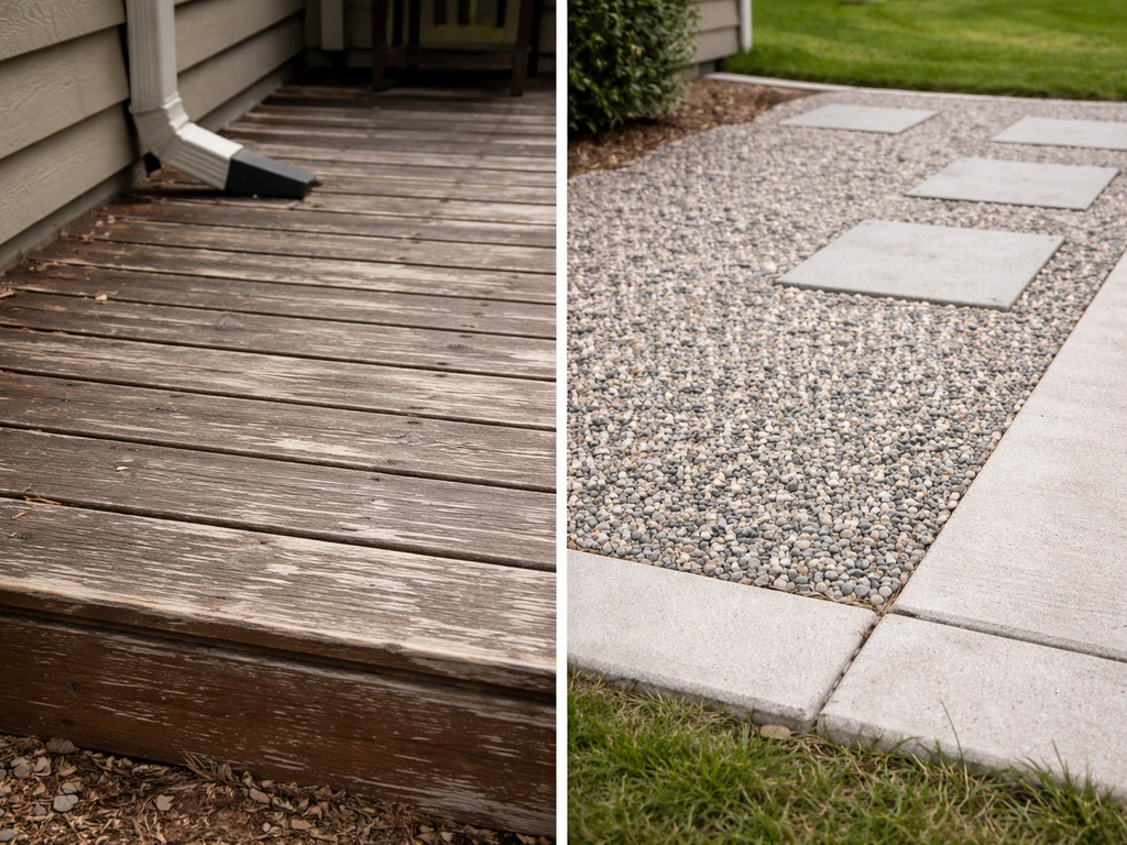 Worn wooden porch boards and peeling paint beside a simple gravel/paver patio with clean ground and drainage detail