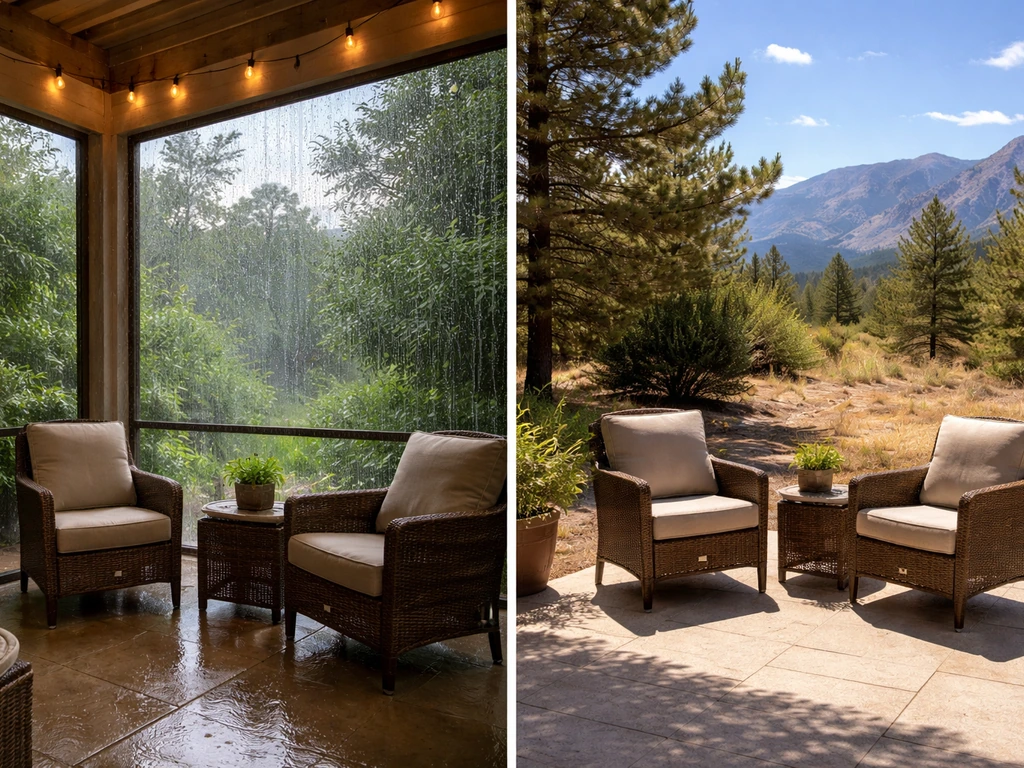 Rainy screened porch versus sunny open patio, showing shelter from humidity and usability in dry weather.
