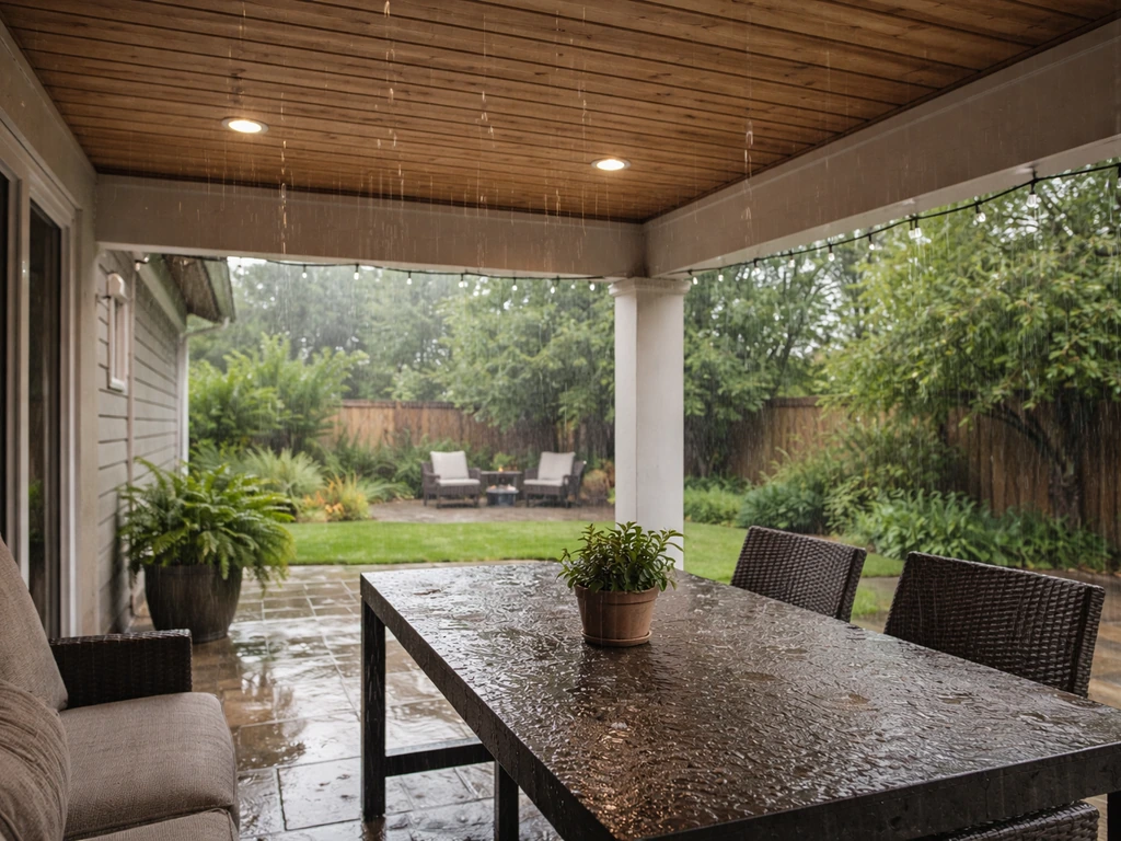 Covered patio under roof with straight rain above and angled wind-driven rain reaching patio edges.