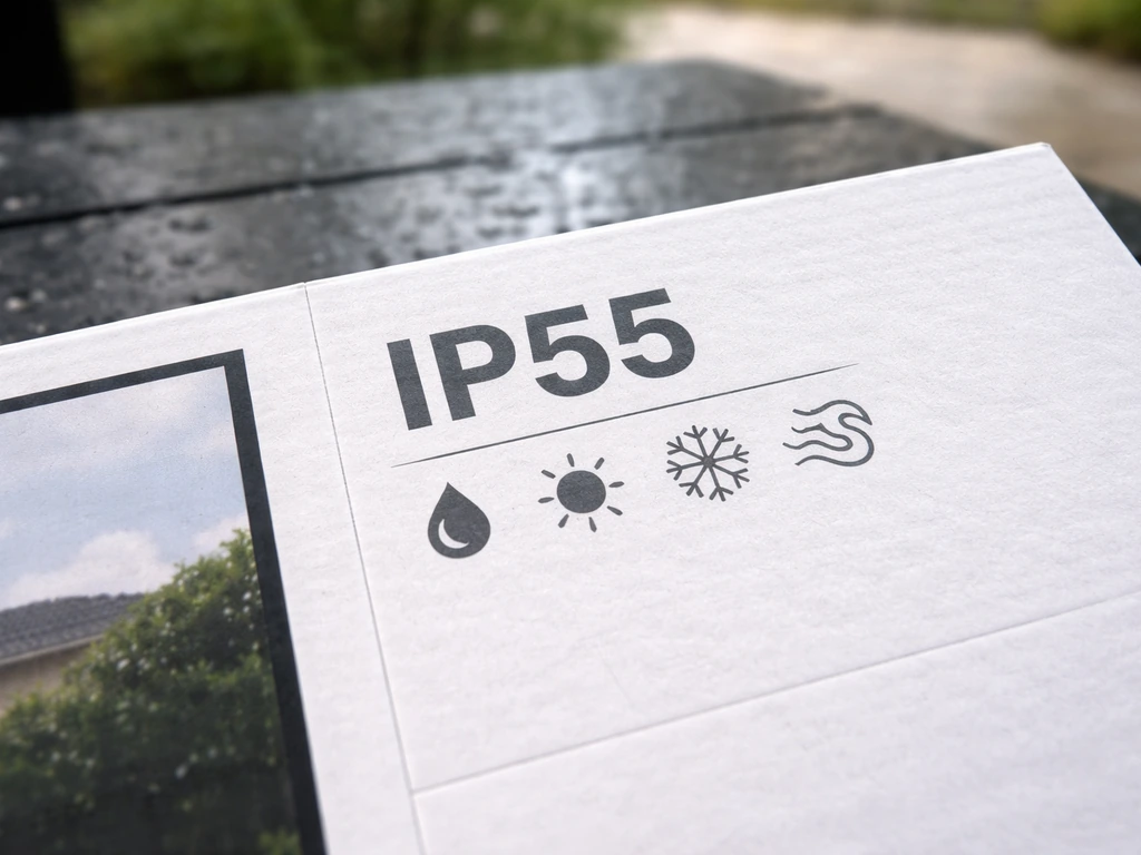 Close-up of outdoor TV box showing an IP rating and water/dust resistance details