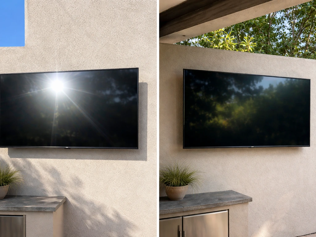 Split-view outdoor TV scene showing full-sun glare versus partial-shade clearer screen visibility.