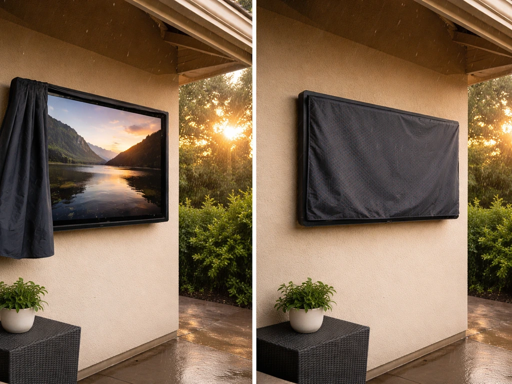 Covered patio with an indoor TV mounted outdoors, showing it uncovered and covered with a padded weatherproof sleeve.