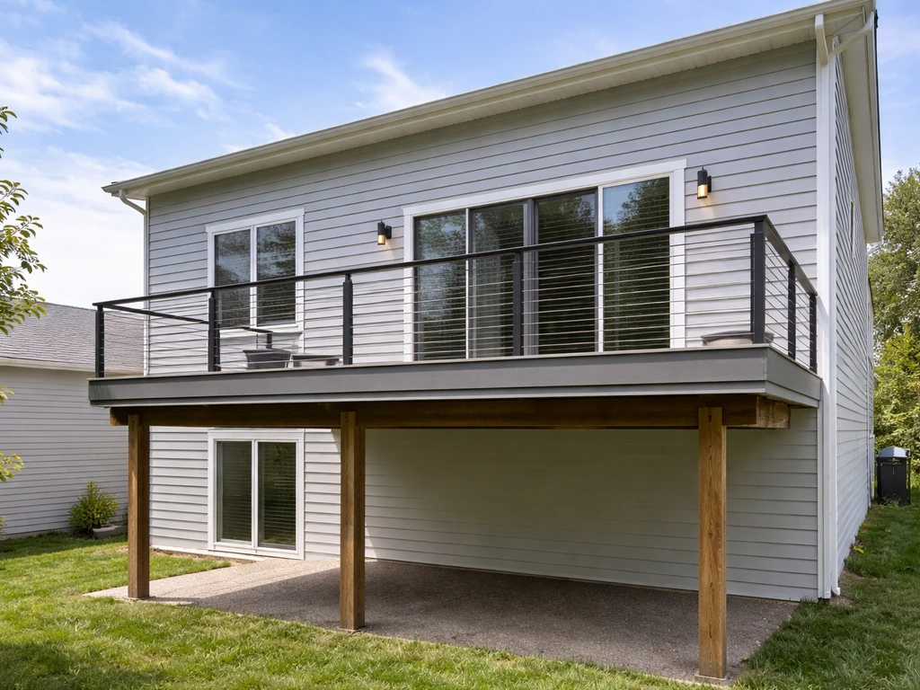 Modern home exterior with a second-floor elevated patio deck, guardrails, and visible waterproofing-ready detailing.