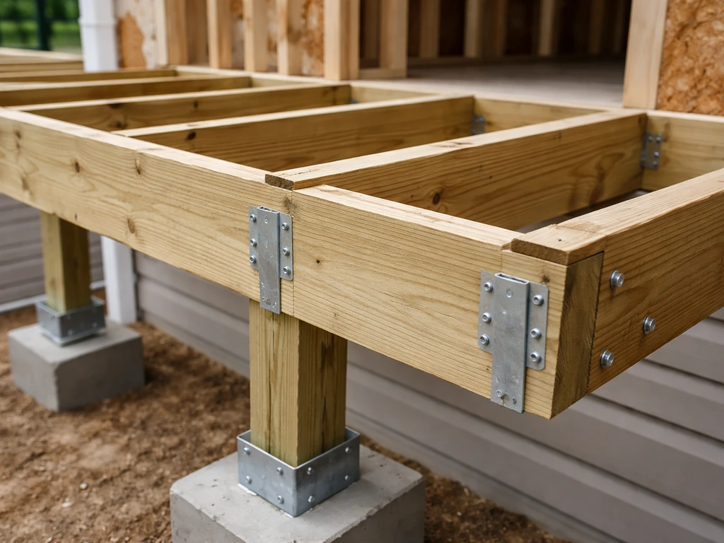 Close-up of wood deck framing with joists, ledger board, posts, and concrete footings