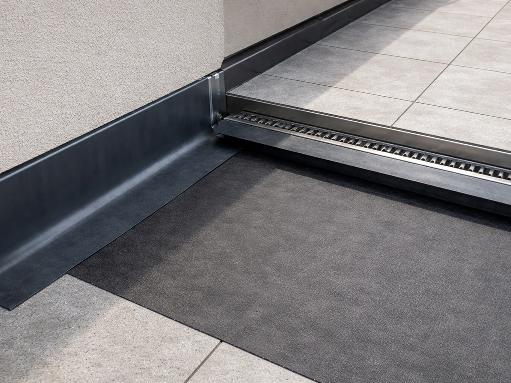 Close-up of a second-floor rooftop terrace waterproofing system with membrane, flashing, and drainage edge details.
