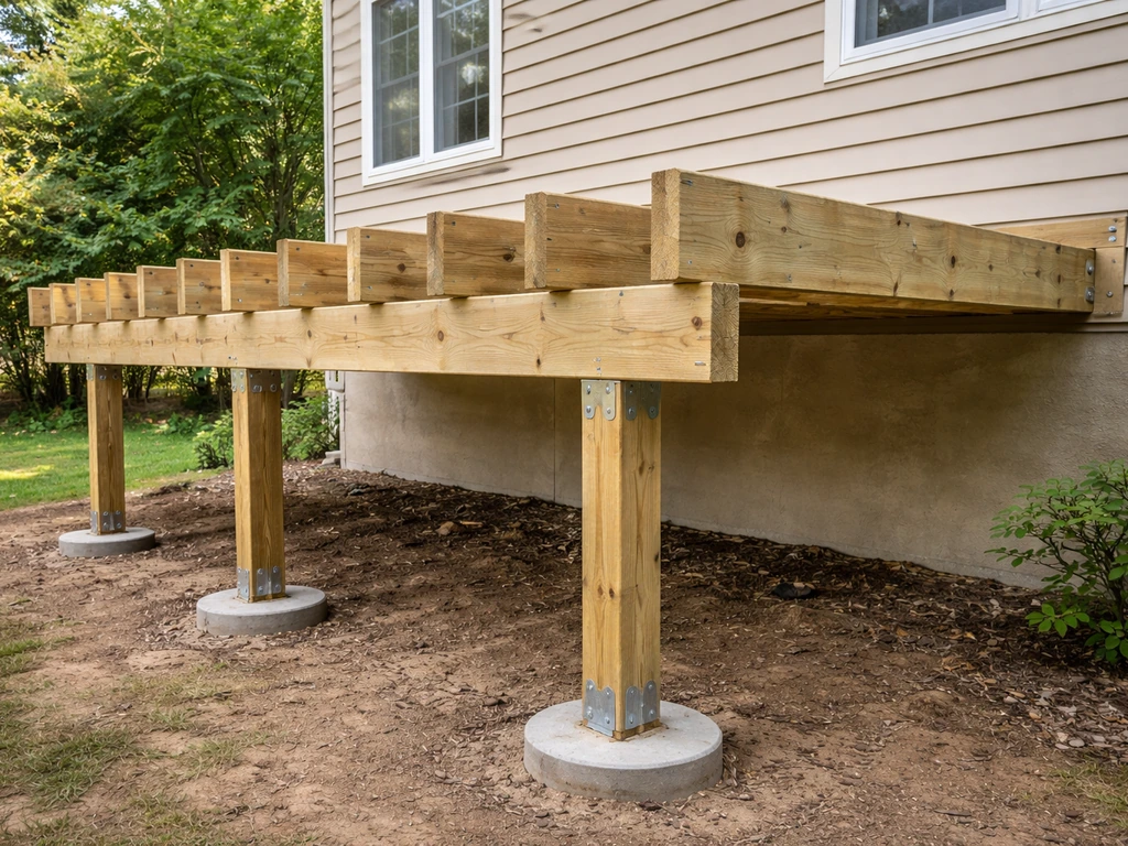 Outdoor deck framing showing ledger board attachment to house with posts on concrete footings.
