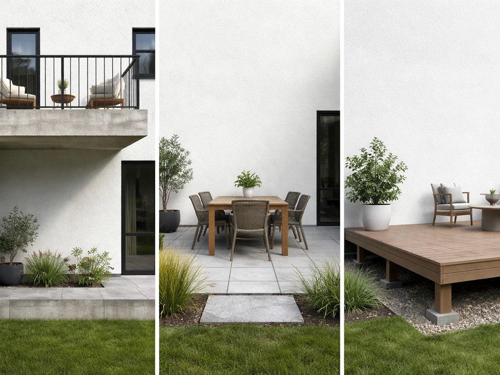 Minimal photo-style montage showing three outdoor spaces at different elevations: terrace, patio, and deck.