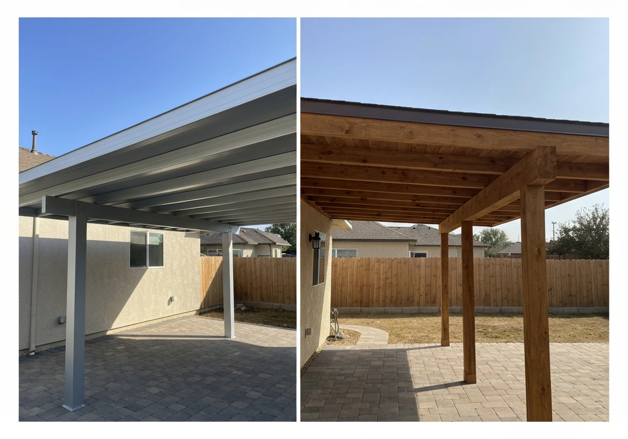 Split-view of an aluminum (alumawood) patio cover and a wood patio cover side by side in similar lighting
