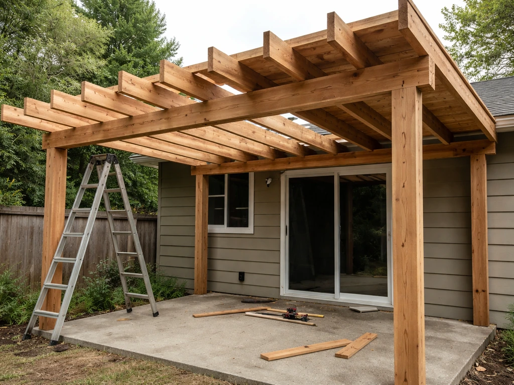 Construction of a cedar patio cover frame with rafters and a partially installed solid roof.