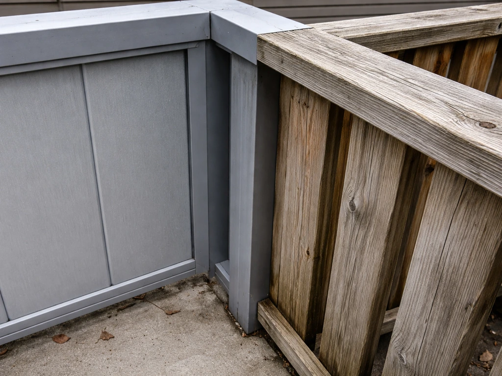 Aluminum railing looks intact while nearby weathered pressure-treated wood shows warping and gray aging.