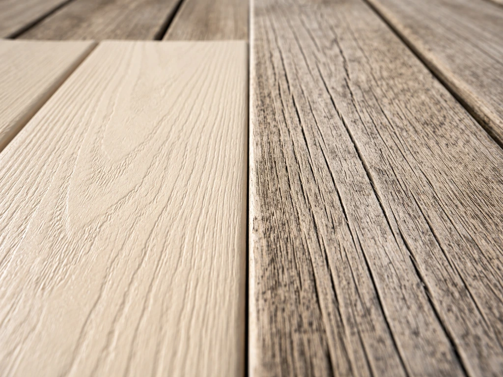Split close-up of painted wood-grain Alumawood and weathered natural wood showing graying