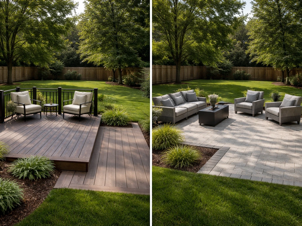 Split backyard shows a finished deck on one side and a finished patio on the other for resale comparison.