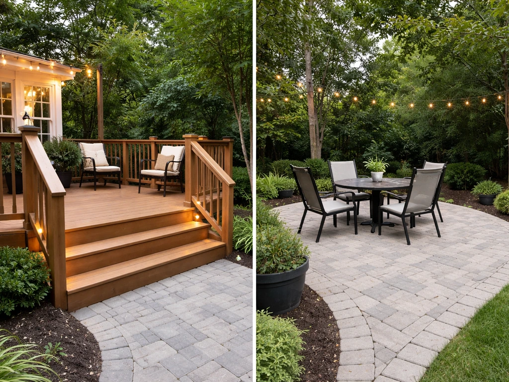 Side-by-side view of a clean, safe outdoor deck and a finished, tidy patio in a backyard.