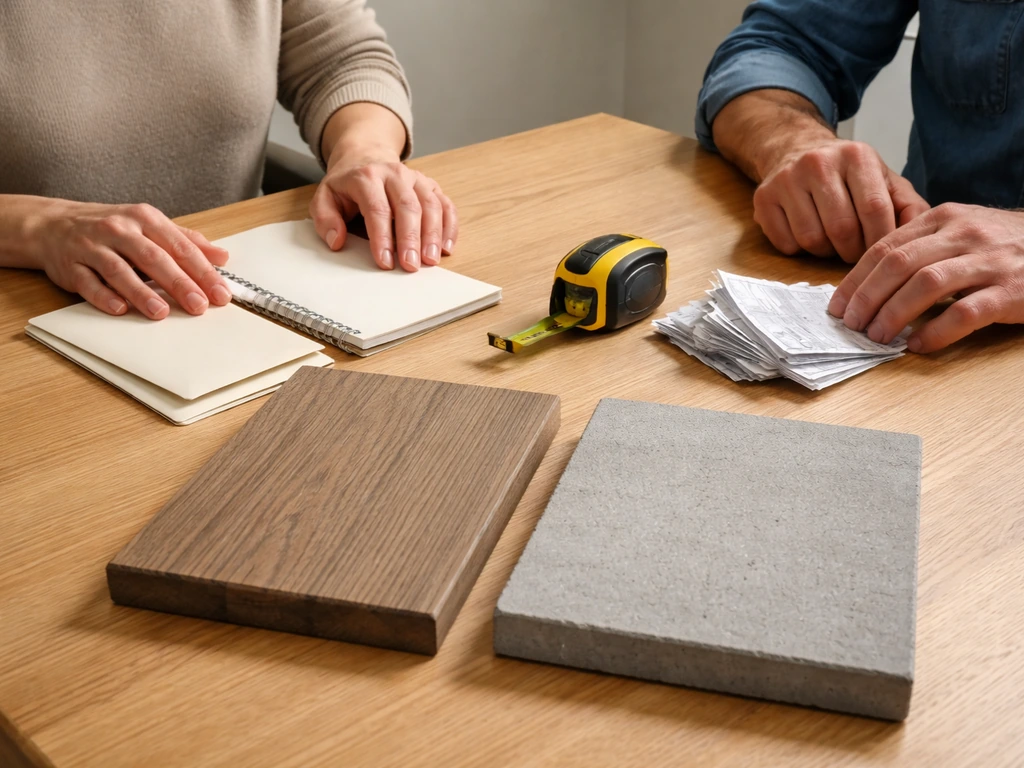 Anonymous hands compare two unlabeled budgeting envelopes with wood deck and concrete patio samples on a table.
