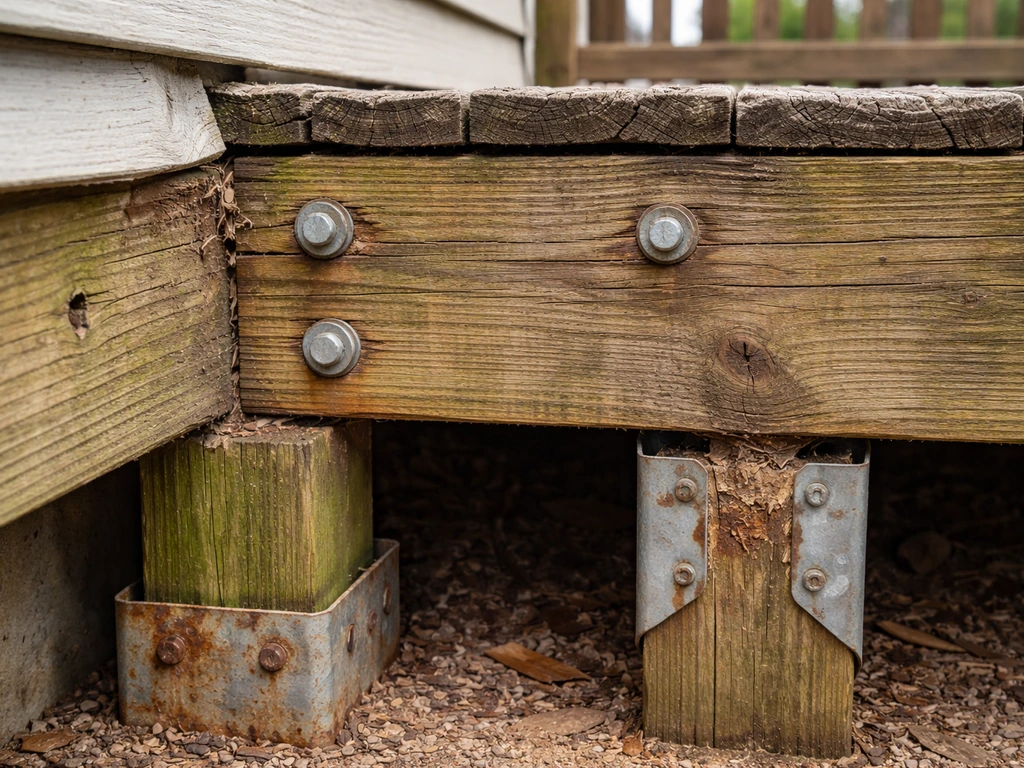 Close-up inspection of a deck ledger attachment, post base, and metal hardware on a wood deck.
