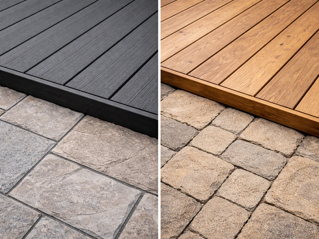 Minimal side-by-side view of composite deck and wood deck textures beside a stamped concrete and paver patio surface.