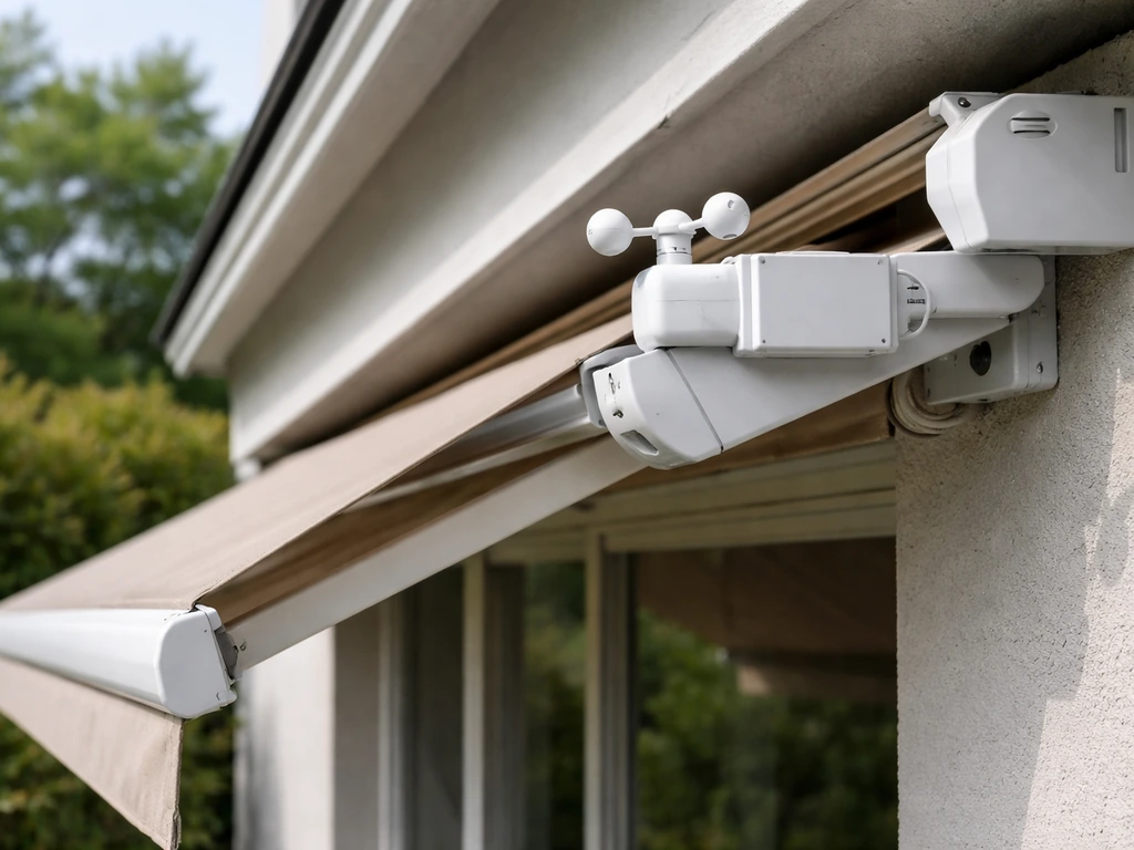 Wireless wind sensor and control components near an awning system in a quiet outdoor setting.