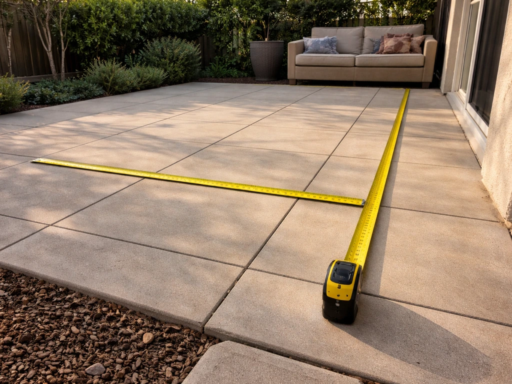 Measuring tape on a patio floor showing width across and projection outward from the house.