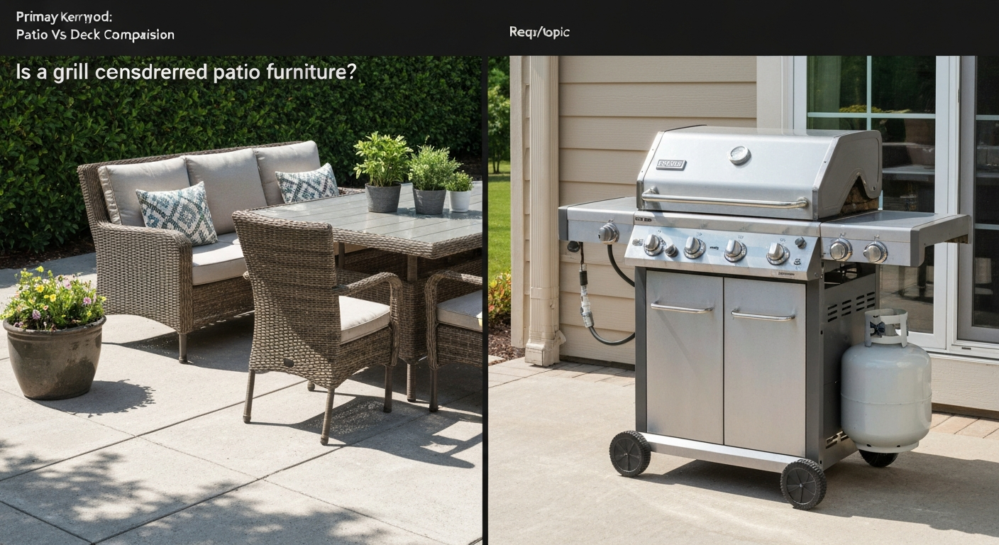Split-scene patio image with outdoor dining furniture on the left and a stainless-steel freestanding gas grill with propane tank on the right.