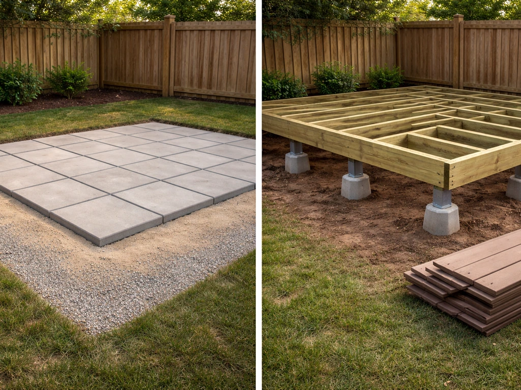 Side-by-side patio and deck build concepts: pavers on gravel/sand vs elevated deck frame on footings.