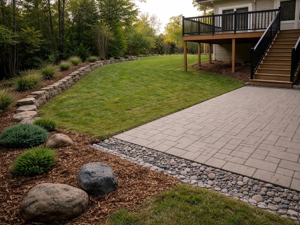 Sloped backyard with drainage considerations around a patio area and a raised deck aligned to the grade.