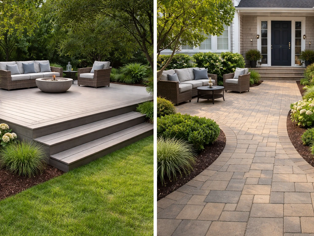 Side-by-side deck steps and an integrated patio with landscaping near the house entry