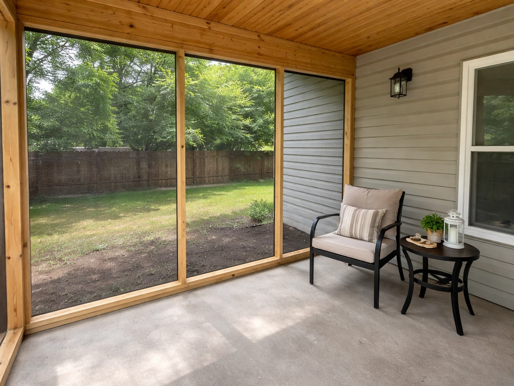 DIY budget screened patio with newly installed screen walls and visible framing under a covered roof.