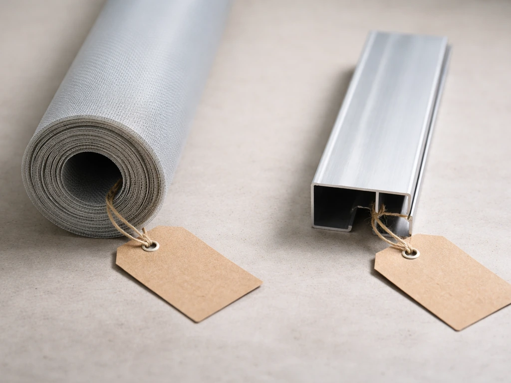 Close-up of fiberglass patio screen roll beside an aluminum frame sample on a workbench with blank price tags.