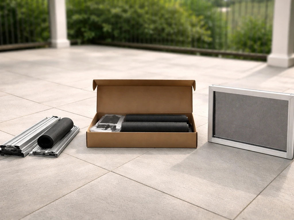 Covered patio floor showing DIY screen kit components, an unopened kit box, and a custom framed screen sample.