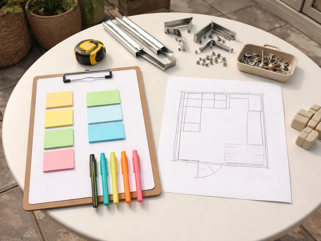 Minimal patio worktable with blank whiteboard, materials, and a pencil layout sketch for estimating costs