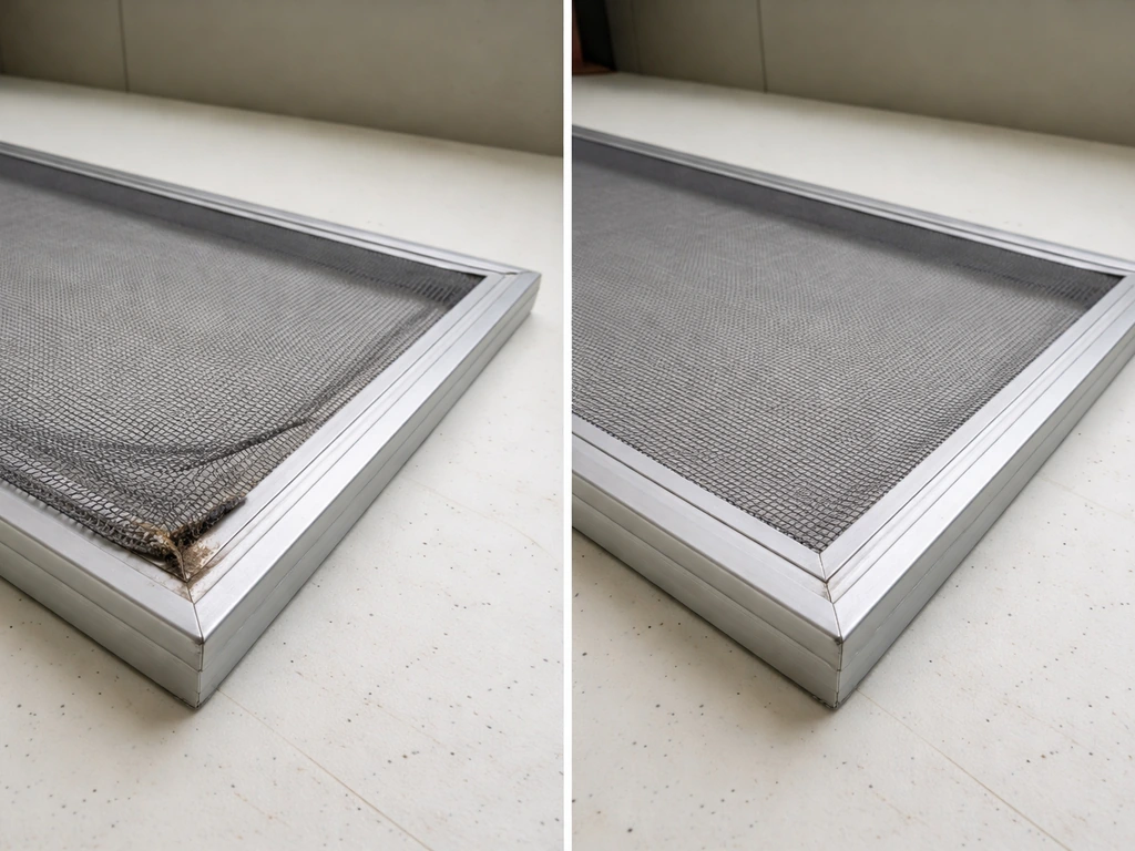 Split view showing a poorly fitted corroding window screen edge beside a corrected properly fitted screen frame