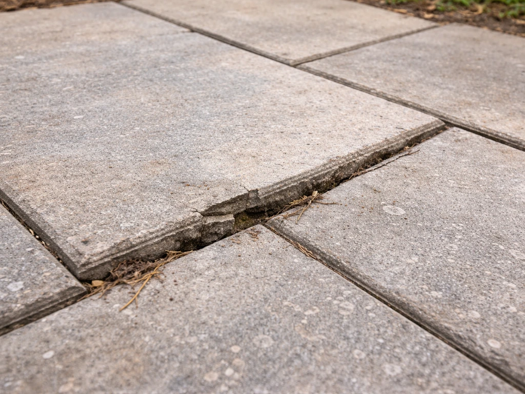 Close-up patio slabs with cracked uneven joint suggesting settlement risk for a conservatory