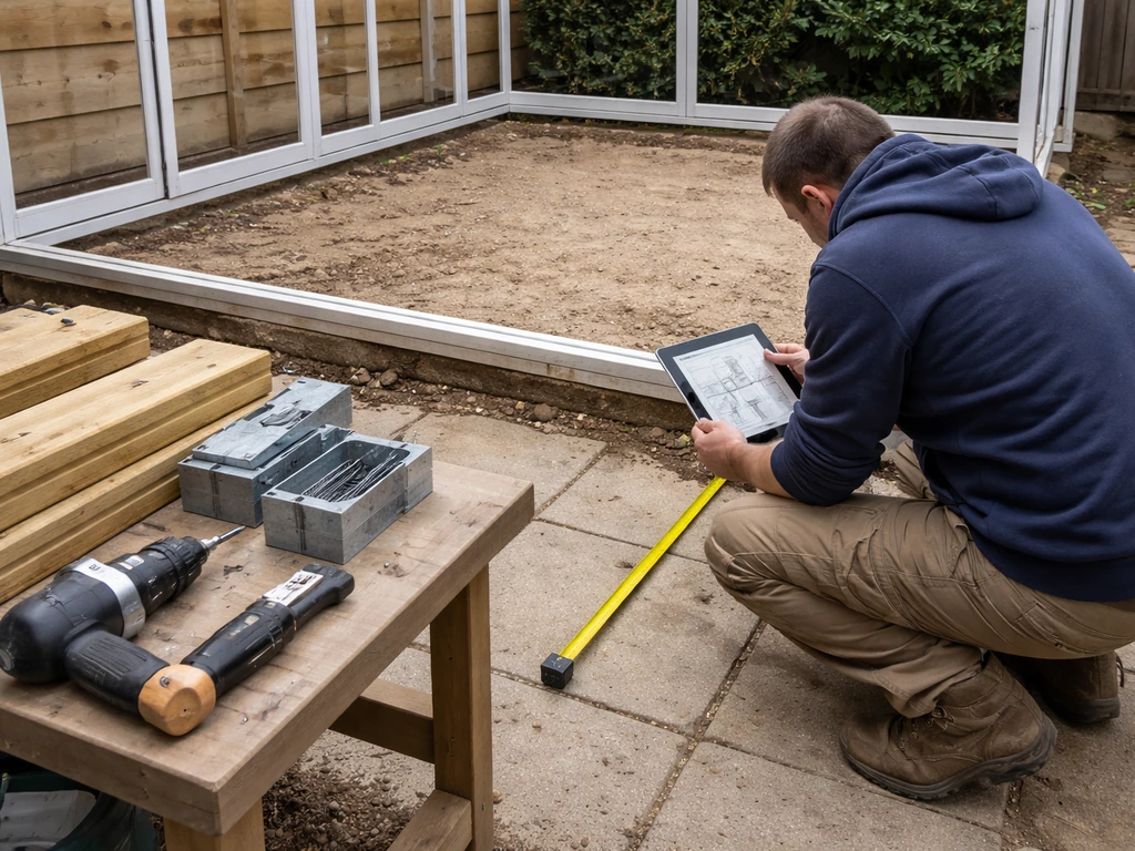Contractor on a patio measures a conservatory base plan beside materials and a workbench