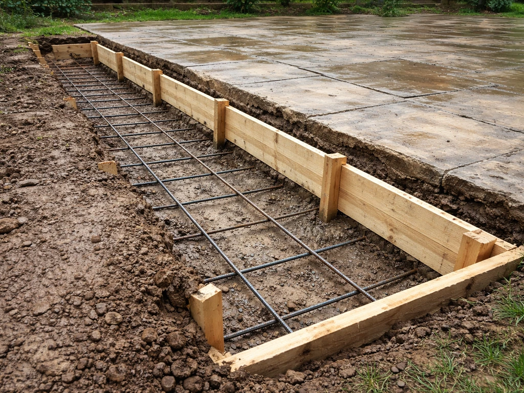 Excavated patio edge with reinforcement and timber formwork prepared for a concrete conservatory foundation.