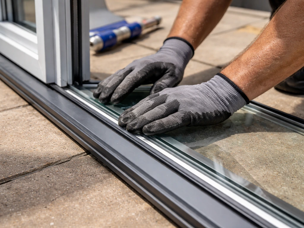Gloved installer hands sealing conservatory glazing on a patio frame in natural daylight
