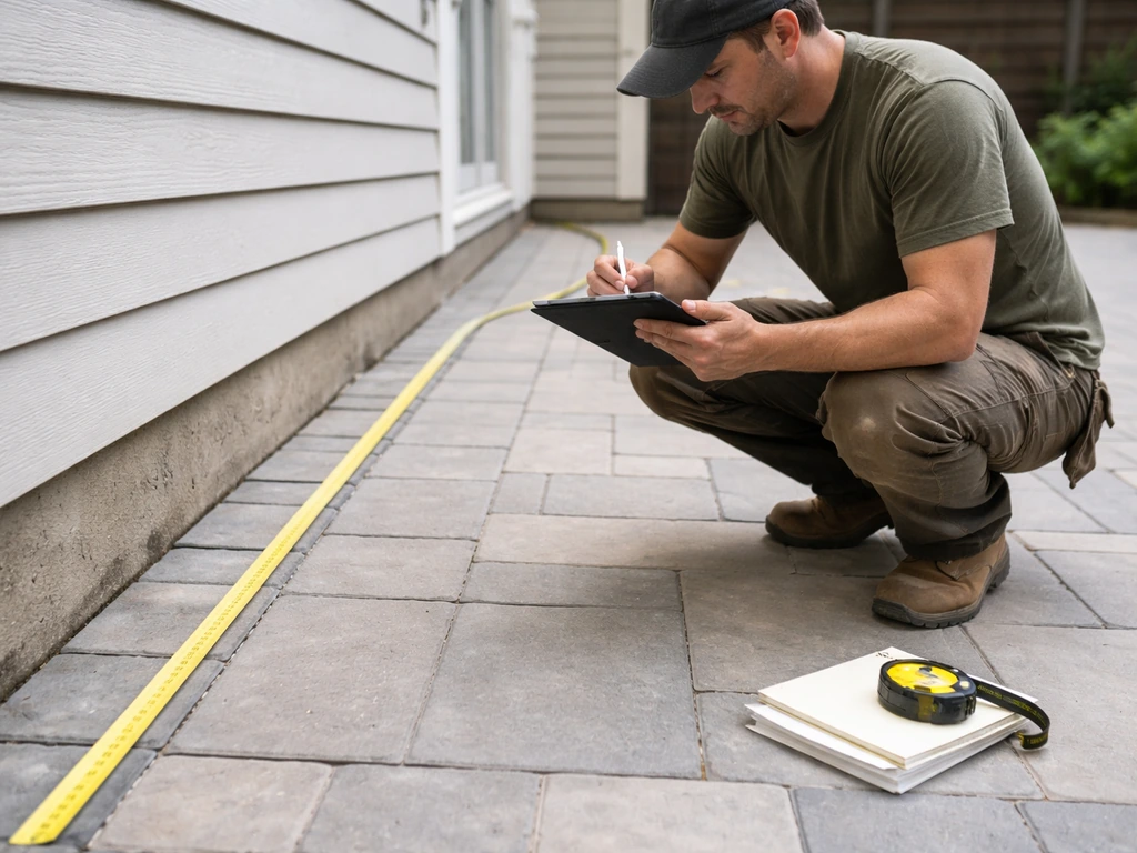 Patio measurements underway: installer uses a tape measure and tablet to record dimensions and constraints.