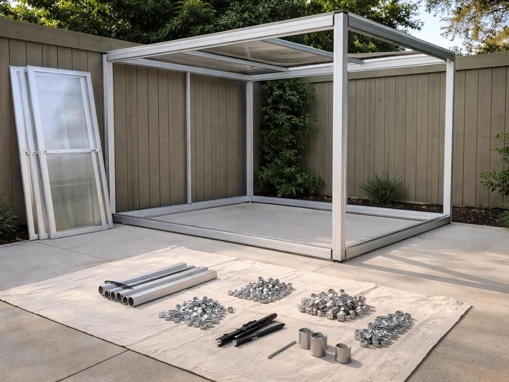 Partially assembled aluminum patio enclosure kit with hardware and clear panels on a residential patio