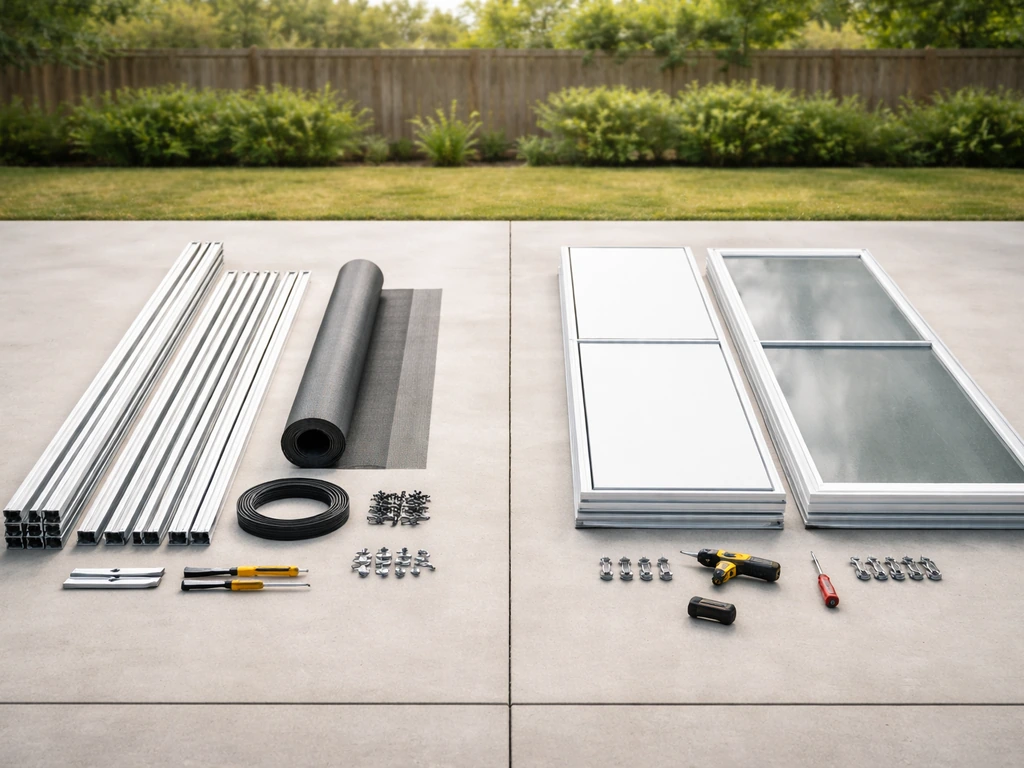 Side-by-side laid out screen and solid/glass patio enclosure kit components on a concrete patio.