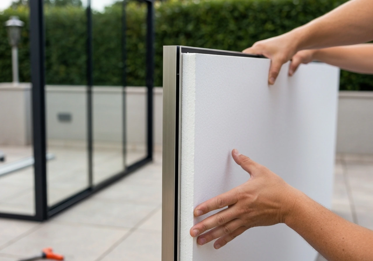 Insulated panel held against an aluminum frame during patio enclosure installation