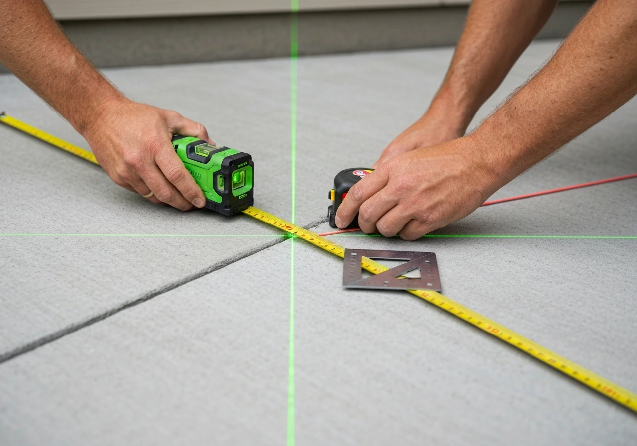 Homeowner measuring a patio slab perimeter with a laser level, tape measure, and corner square