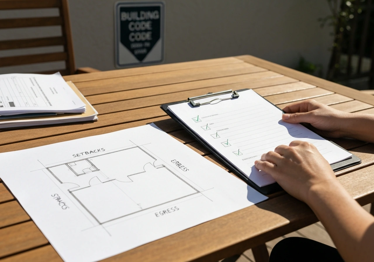 Minimal planning scene with a clipboard checklist and a hand-drawn site plan sketch near building code signage.