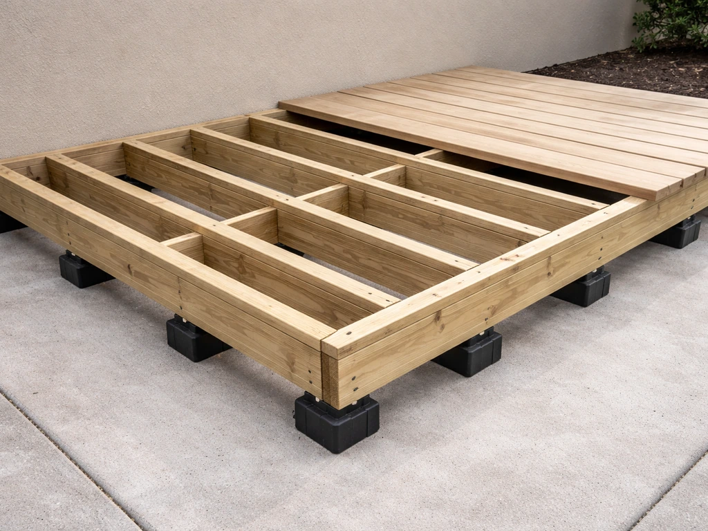 DIY deck framing installed over a concrete patio with an emphasized air gap beneath the boards.