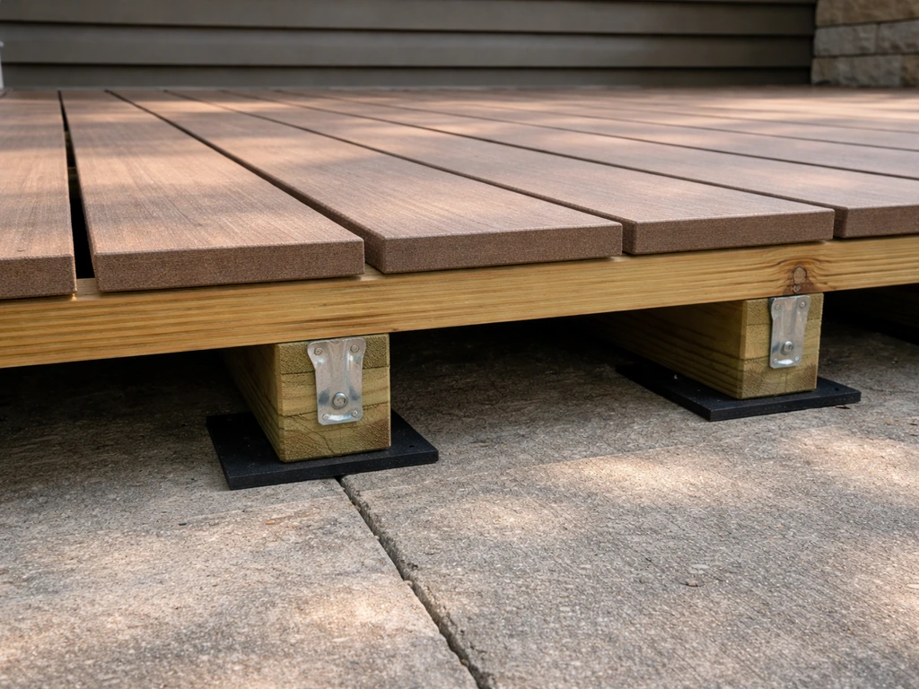 Close-up of a deck built over an existing patio slab with joists and visible air gap below boards
