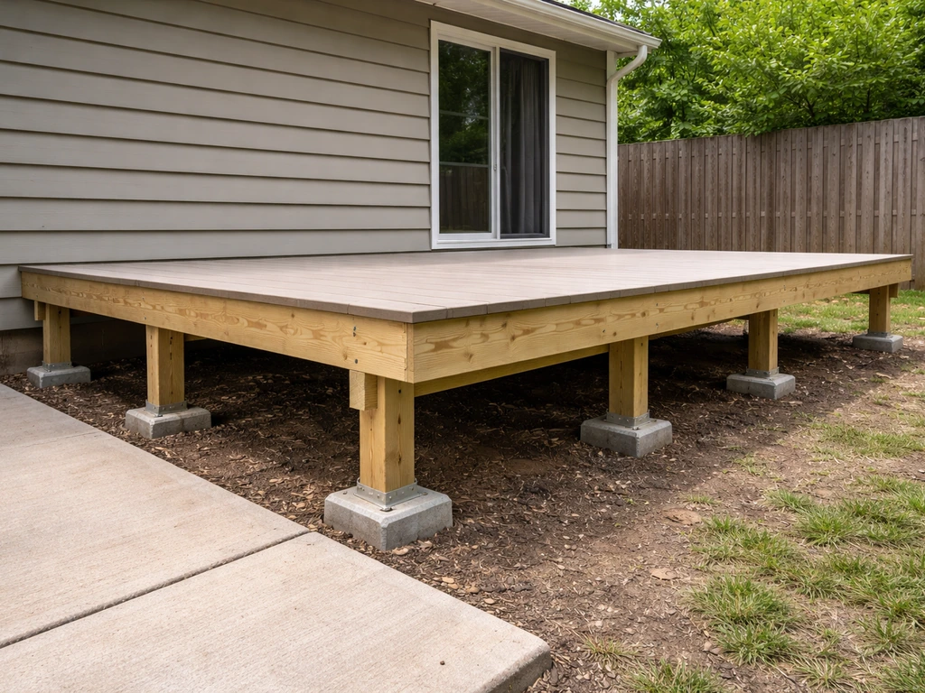 Freestanding post-and-beam deck supported by concrete footings next to an existing patio slab in a backyard.