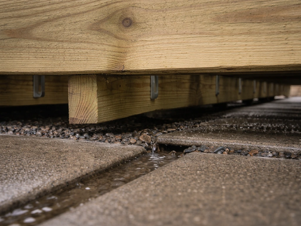 Close-up of an air gap under deck framing showing a clear drainage path over a patio surface