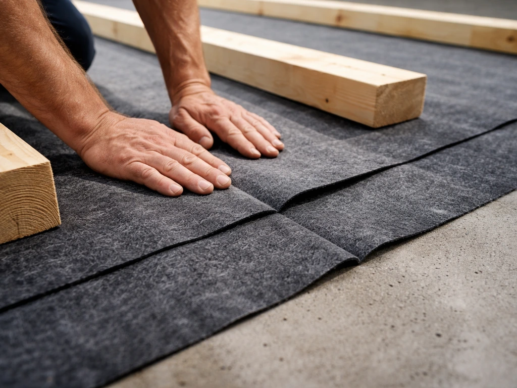 Roofing felt moisture barrier laid on concrete beneath wooden sleepers, with overlapped seam visible.