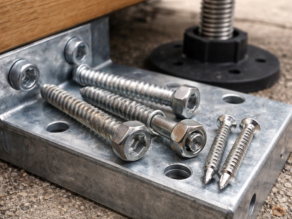 Corrosion-resistant deck screws and bolts beside a concrete-rated bracket and adjustable pedestal foot.