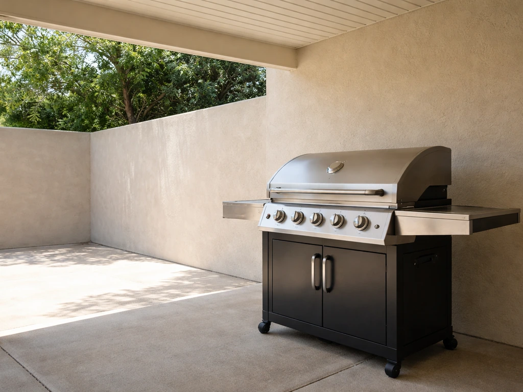 Gas grill under a patio roof with clear space around it showing ventilation and safe placement distances.
